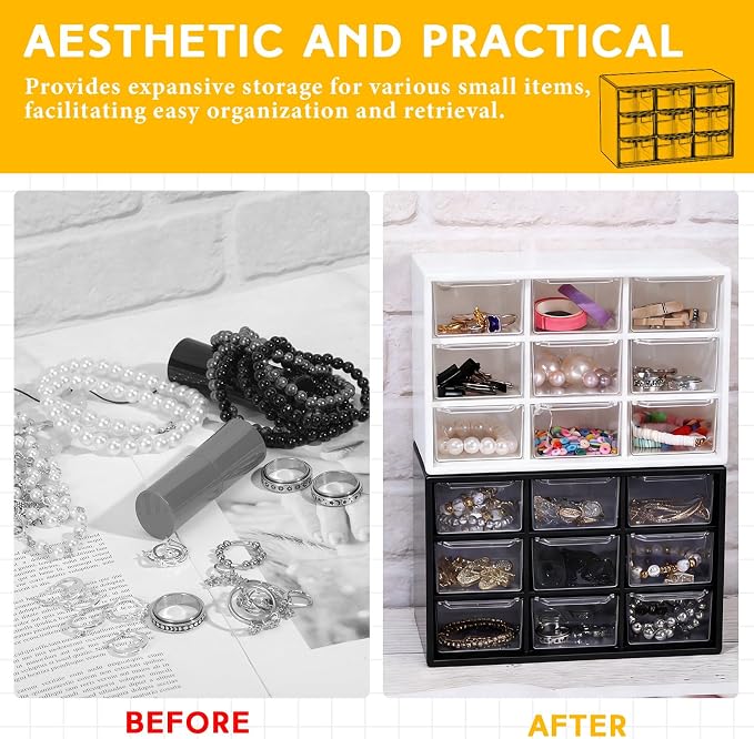 Wenqik 2 Pcs Mini Storage Drawers Teacher Toolbox Organizer with 9 Clear Drawers Small Plastic Desktop Teacher Desk Craft Organizer for Classroom Office 7" x 3. 9" x 4. 7" (Black, White)