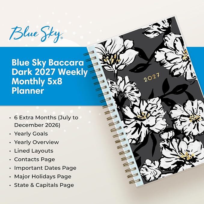 Blue Sky 2027 Weekly and Monthly Planner Calendar, January 2027 - December 2027, 5" x 8", Clear Pocket Cover, Laminated Tabs, Durable Twin Wire Binding, Baccara Dark