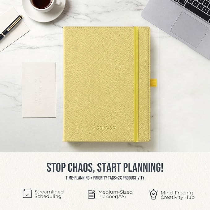 Weekly Planner 2026-2027 A5 (6.5" x 8.5") 12 Months (Jul'26 - Jun'27) Weekly & Monthly Planner with Month Tabs & Inner Pocket, Expenses/Note Pages, PU Leather Yellow