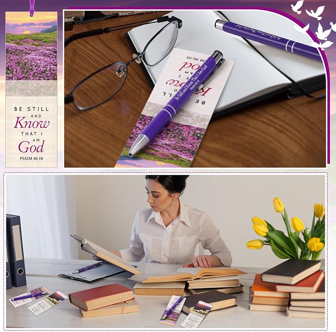 Dispowreath 36 Pcs/ 18 Sets Be Still and Know That I Am God Bookmark with Pen, Include 18 Psalm 46: 10 Bookmarks, 18 Inspirational Bible Verse Pen for Women & Men Christian Gifts Church Party Supplies