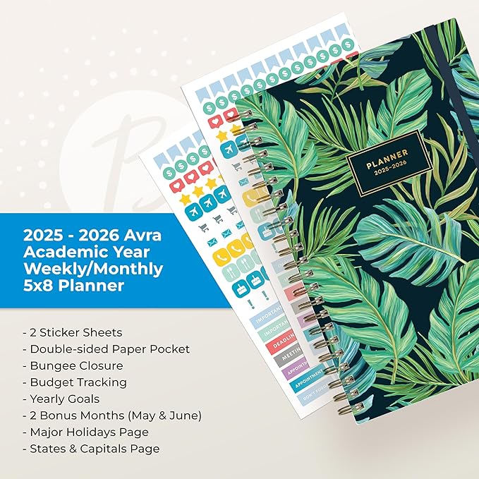 Blue Sky 2025-2026 Weekly and Monthly Academic Year Planner Calendar, July 2025 - June 2026, 5" x 8", Hard Cover, Wirebound, Storage Pocket, Laminated Tabs, Stickers, Avra