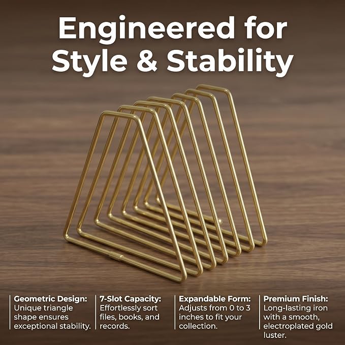 Gold Expandable Bookends, 11-Section, 2"-23.6" | 11 Slot Extra Large Book Rack, Telescoping Desktop Organizer, Metal Construction, For Magazine Vinyl Record Stand