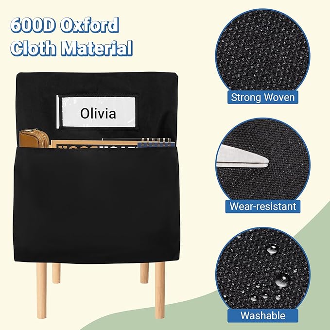 12PCS Chair Pockets for Classrooms 18 x 20 inch | Oxford Black Chair Back Buddy Pockets with Name Slot & Tags, Back of Chair Organizer for Classroom Chairs Seat Storage