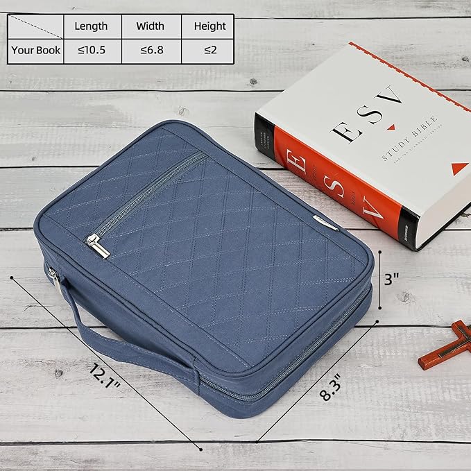 FINDCOZY Bible Cover for Women, Durable Carrying Book Case Church Bag for Biblical Accessories with Handle and Zippered Pocket,Blue-Grey