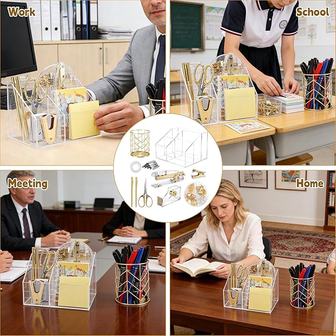 11 Pcs Acrylic Office Supplies Set Clear Desk Oganizer Accessories Kit include 2 Ballpoint Pen Pen Holder Stapler Tape Dispenser Staple Remover Clips Scissors for Office School Home