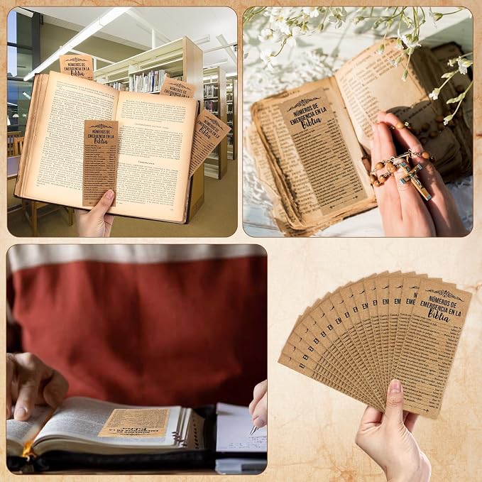 Motiskyy 100 Pcs Spanish Bible Emergency Numbers Bookmark Christian Church Gift 6 x 2.36 Inches Religious Bookmarks for Daily Encouragement Church Favor Welcome Sunday School Teacher(Brown)