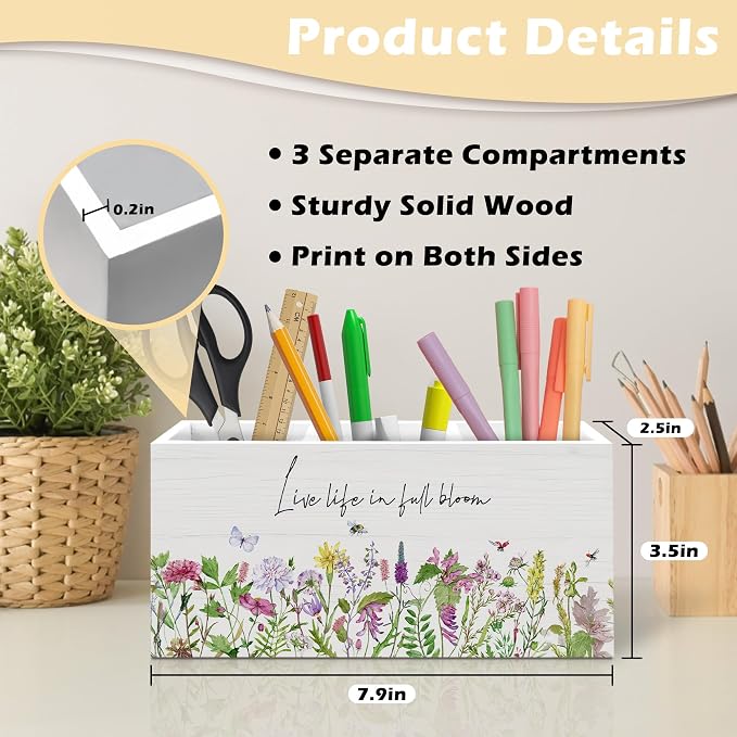 Rustic Spring Floral Pen Holder Organizer, Spring Desk Decor, Live Life in Full Bloom Wildflower Motivational Wooden Pen Pencil Holders for Home Office Desk Accessories