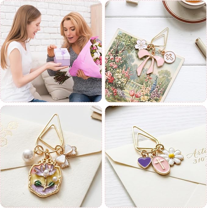 Wxiben Bow Paper Clip Bookmark - 3 Pcs Flower Cross Metal Paperclip Book Mark with Charms Page Marker Planner Decorative Paper Clips Gifts for Women Reading Book Lover School Accessories