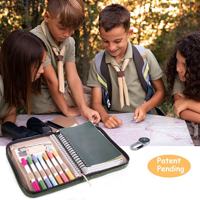 Handbook Book Cover Compatible with BoyScoouts Handbook with Amercan Flag Patch and Compass - Book Sleeve - Handbook Protector for Boys Girls