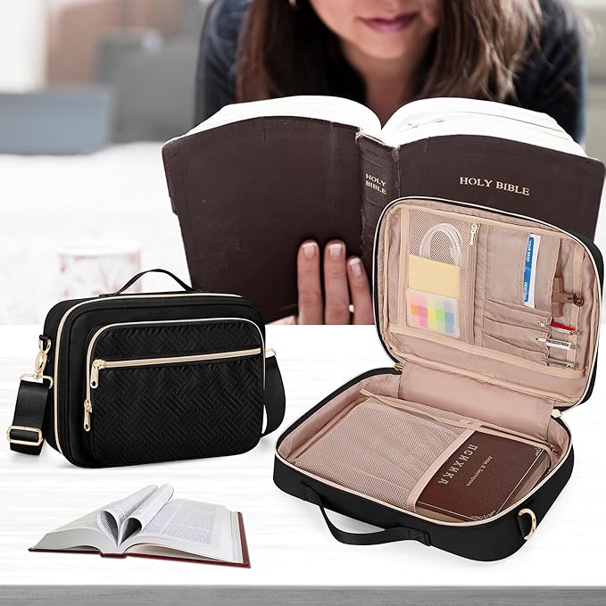 Bible Cover Case for Women, Large Bible Church Bag with Strap, Bible Carrying Case Book Protector with Handle, Black(Empty Bag Only)