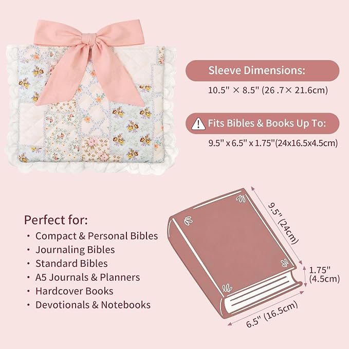 Vintage Spliced Floral Quilted Bible Cover for Women – Fits Standard Size Bibles Padded Protector Washable Cotton Case with Elegant Lace Trim & Bow Handle– Includes Interior Zipper Pocket