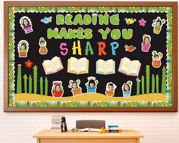 gisgfim Cactus Reading Bulletin Board Decorations Set Spring Classroom Cactus Bulletin Board Border Cutout Reading Makes You Sharp Bulletin Board Craft School Home Wall Decor Back to School Supplies