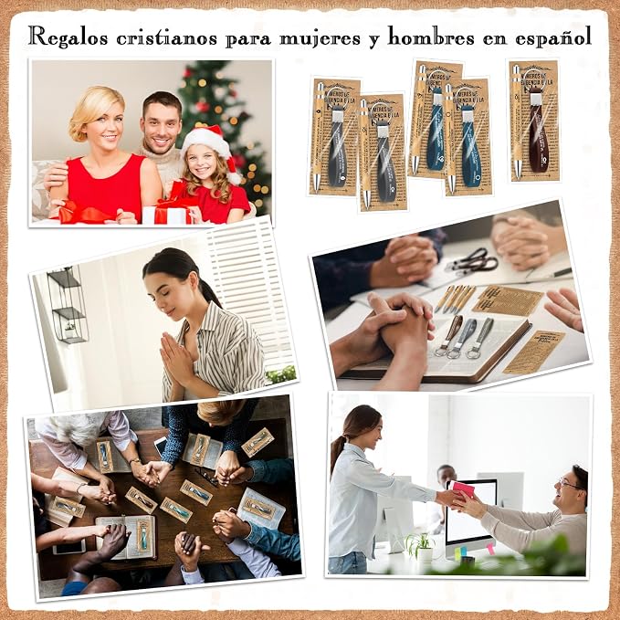 Feifeiya 25 Sets Father's Day Christian Gift Bulk Bible Verse Bamboo Pen Religious Silicone Keychain Scripture Bookmark Emergency Numbers Church Gift for Coworker Women Men(Classic Color,Spanish)