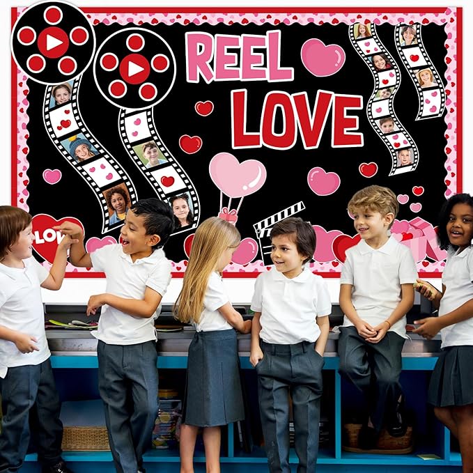 Valentine's Day Bulletin Board Decorations Movie Night Bulletin Board Movie Themed Paper Cutouts Valentines Red Pink Heart Classroom Decor for Wall Chalkboard Decor Supplies