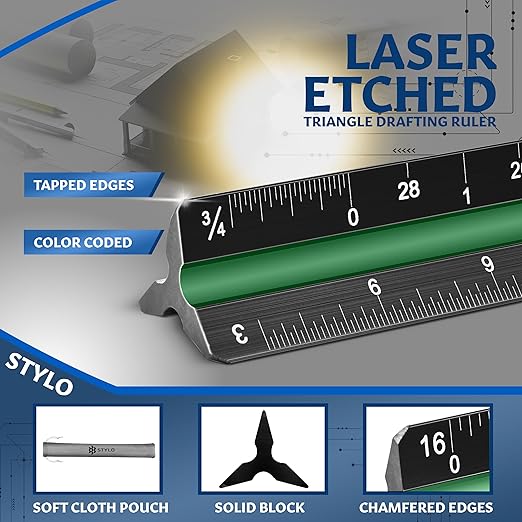 Stylo 12" Aluminum Architect Scale Ruler Laser Etched Triangle Drafting Ruler, Color Coded Grooves for Blueprint, Drafting and Drawing, Architectural Scale Ruler for Blueprints (Black, Imperial Units)