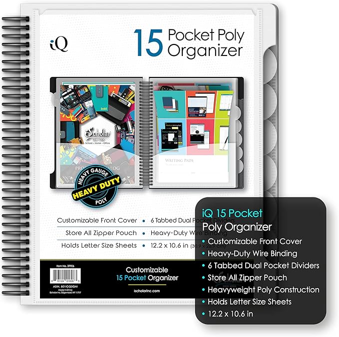 iScholar iQ+ 15 Pocket Organizer, 12.2 x 11 Inches, Tabbed Dividers, White (39906-WH)