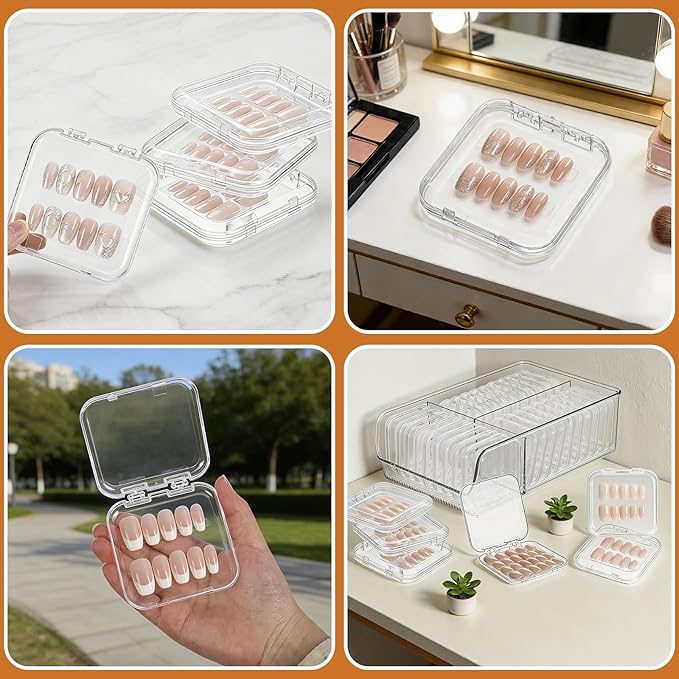 30 Pcs Press On Nail Storage Box, Acrylic Display Case, Packaging Box for Nail Art, Large Stackable, All-In-One Box, 120 Pcs Double Sided Adhesive Nail Display Tape