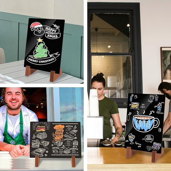 Double-Side Chalkboard Painting Sign 8.5x11 Inch with Wood Holder for Tabletop Display, Bar/Coffee/Restaurant Menu Message Board, Party Event Decorations with 12 Color Pens and 1 Clip