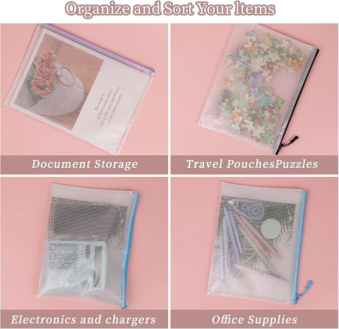 Multibey 10 Pack 10 Colors Mesh Zipper Pouch Bags, B5 Size Waterproof Plastic Zipper Pouches for Board Game Storage, Mesh Bags with Zipper for School Office Home (B5 11.4 x 8.5 inch)
