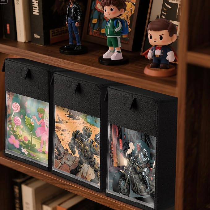 4 Pack Comic Book Storage Box with Lid for Modern Age, Collapsible Magazine Organizer with Clear Window, Heavy Duty Case Container Holder, Black