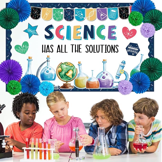 Science Bulletin Board Decorations Set with 3D Tissue Paper Flower Paper Fan Science Classroom Bulletin Board Border Scientist Laboratory Cutouts for Back to School Chalkboard Teacher Supplies