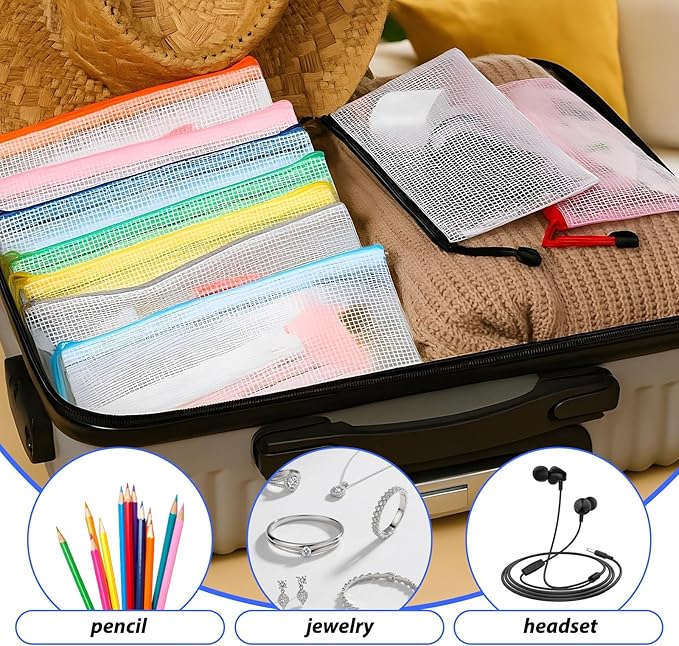 100 Pcs Mesh Zipper Pouch Bulk, 8.5 x 4.5 Inch Clear Plastic Pencil Pouches Small Waterproof Pencil Case Pouch for Stationary, Cosmetics, Bill, Envelopes Storage (10 Colors)