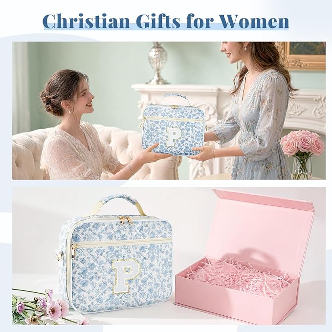 Personalized Initial Bible Cover Case for Women, Large Quilted Bible Bag with Durable Handle, Stylish Church Bag Journaling Kit with Study Supplies Accessories, Christians Gifts for Women (Blue-P)