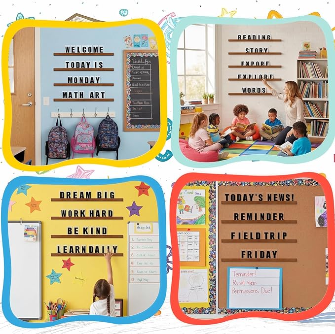 Yousoontic Classroom Wall Letter Ledge Set Changeable Letter Board Shelf with 136 Letters/numbers/symbols, 4 Dark Walnut Wooden Ledges Floating Message Board Sign for Daily Announcements Reminders