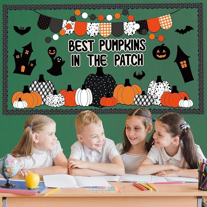 VABAMNA Halloween Fall Bulletin Board Decorations for Classroom, 95 Pcs Black Orange Autumn Pumpkin Patch Bat Paper Cutouts Borders Trim for Home School, Halloween Thanksgiving Harvest Party Supplies