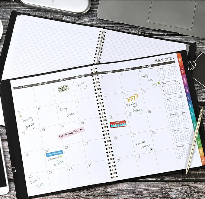 2026-2027 Monthly Planner/Calendar - Jul 2026 - Dec 2027, Monthly Planner 2026-2027, 18 Months, Faux Leather, 8.86" x 11.4", 15 Notes Pages, Strong Twin - Wire Binding, Tabs, Perfect Organizer - Black