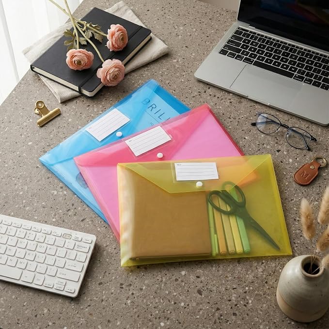48pcs Plastic Envelopes Poly Envelopes Clear Envelope with Snap Button Closure A4 Letter Size Plastic Envelope Folder with Label Pocket for School Office Home Organizer Supplies, 8 Colors