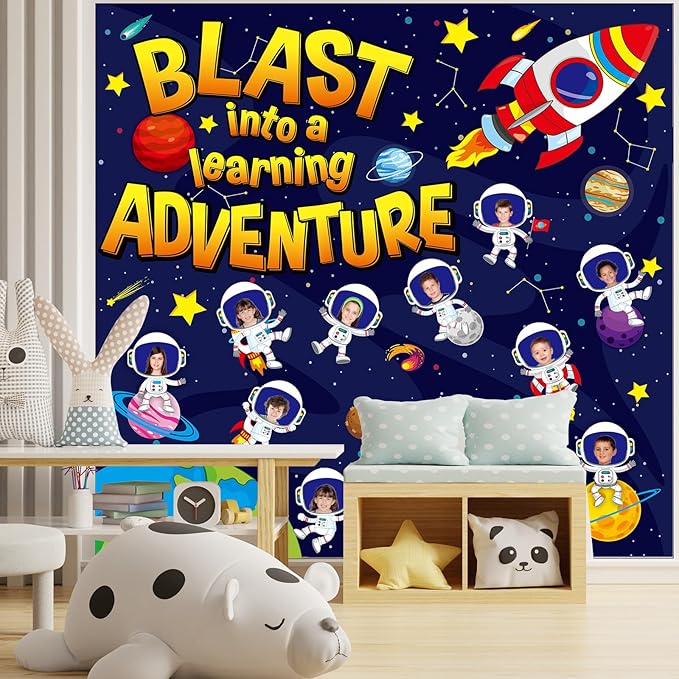 Outer Space Bulletin Board Classroom Decorations Set Galaxy Planet Spacecraft Astronaut Paper Cutout for Posting Photo Blast Into a Learning Adventure Teacher Back to School Wall Door Chalkboard Decor