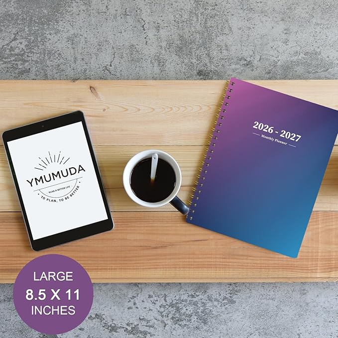 Ymumuda 2026 Monthly Planner - 2 Year Monthly Planner, JAN.2026 to DEC.2027, 8.5" x 11", Large Calendar with Spiral Bound, 24 Coated Tabs,24 Months Perfect for School & Office Schedule,Blue & Purple