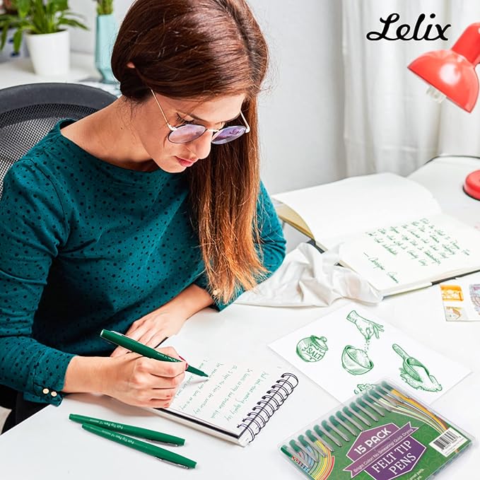 Lelix Felt Tip Pens, 40 Green Pack, 0.7mm Medium Point, Felt Tip Markers Pens for Journaling, Writing, Note Taking, Planner, Perfect for School Office and Art Supplies