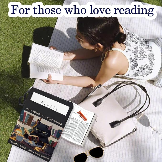 Book Covers for Paperbacks, Book Sleeve with Zipper, Book Lover Gifts,Washable Book Pouch with Pocket for Teen Adult,11 x 8.5 Inch - Black Cat Pet Lover Gift- I Reading Book I Drink Coffee.