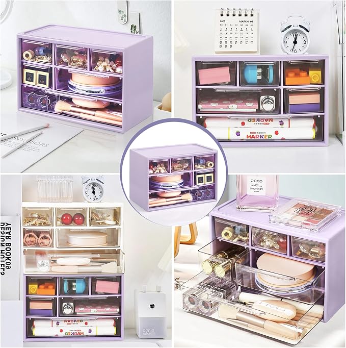 Desk Storage Organizer with 6 Mini Drawers, FODIENS Stackable Desktop Craft Drawer Cabinet, Clear Storage Box Caddy for Makeup Jewelry Office Craft Supplies (Purple)