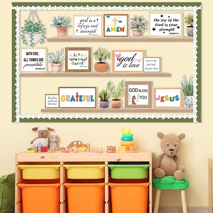 Christian Plant Inspirational Bulletin Board Set Summer Jesus Bible Verse Bulletin Board Sunday Back to School Potted Motivational Cutouts Greenery Religious for Classroom Chalkboard Wall Door Decor