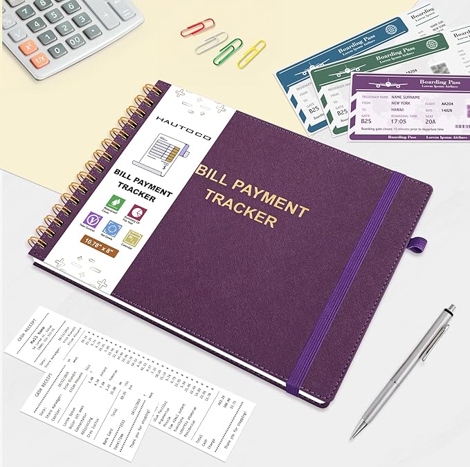 HAUTOCO Hardcover Bill Tracker Notebook Horizontal Monthly Bill Payment Organizer for Personal Budgeting Home Finance with 2 Storage Pocket Expense Checklist Tracking Planner 10.78 x 8'', Deep Purple