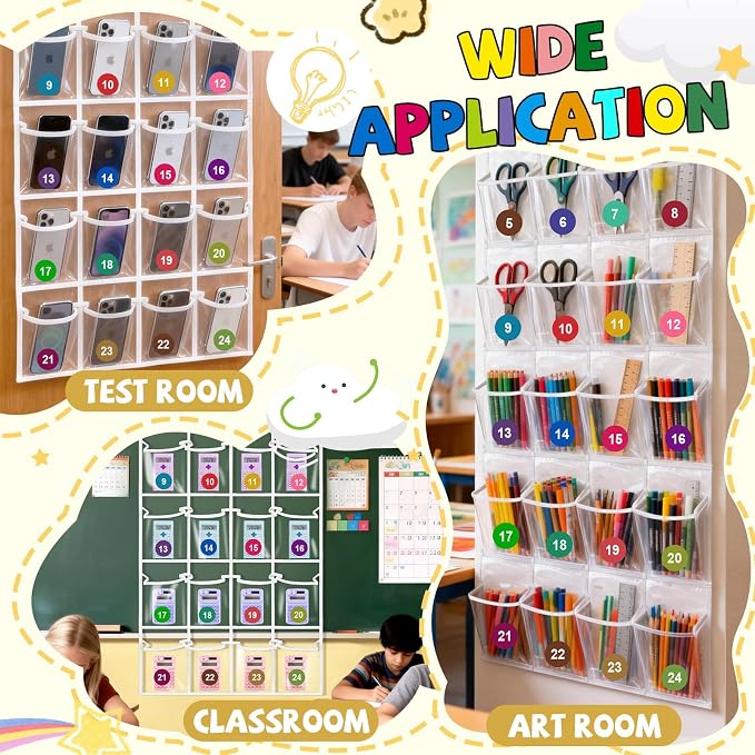 Enlarged Headphone Storage Classroom, 24 Large Pockets PVC Clear Headphone Holder for Classroom,with 3 Kinds of Mounting Accessories and Headphone Storage Stickers & Digital Stickers