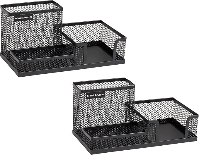 Mind Reader Desktop Organizer, Pen Holder, Clip Basket, Storage, Office, Metal Mesh, 8.07"L x 4.13"W x 3.94"H, Black