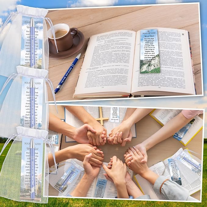 Dispowreath 24 Pcs/12 Sets Father's Day Christian Gift Man of God Bookmark Church Gift, Include 12 Isaish 40: 31 Bookmark 12 Bible Verse Ballpoint Pen for Men Church Prizes Party Favors