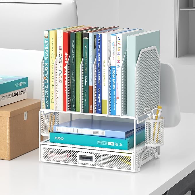 FANXIYQ Metal Desk Organizer with Sliding Drawer, 7-Section File Organizer for Desk, Desktop File Folder & Paper Organizer with 2 Hanging Pen Holders, Office Supplies Organizer, White