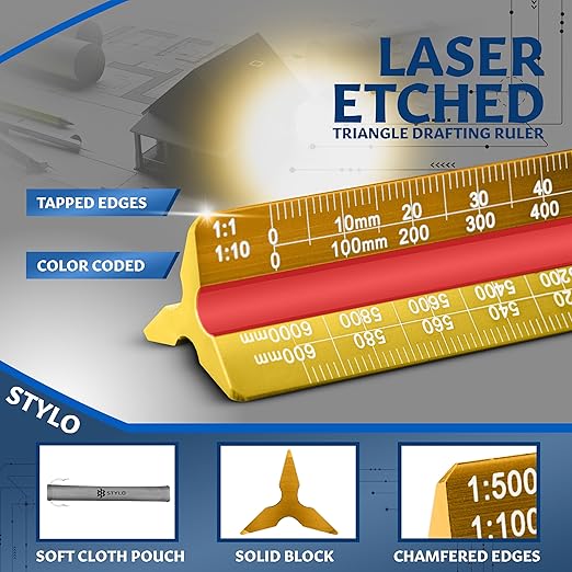 Stylo 12" Aluminum Architect Scale Ruler Laser Etched Triangle Drafting Ruler, Color Coded Grooves for Blueprint, Drafting and Drawing, Architectural Scale Ruler for Blueprints (Yellow, Metric Units)