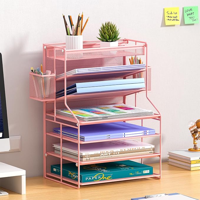Pink 7 Tier Desk File Organizer, Letter Tray Paper Organizer with Pen Holder and Metal Hanging Basket, Adjustable Vertical Desk Organizer for Office Desk Accessories