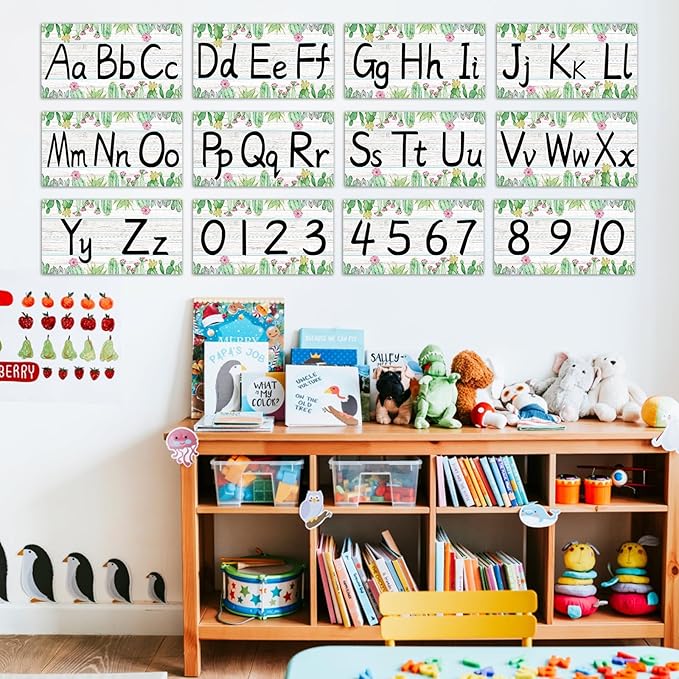 gisgfim 12 Pieces Alphabet Bulletin Board Strips Set Cactus Alphabet Line ABC Banner & Number Border Cacti Plants Posters for Classroom Preschool Kindergarten (Cactus)