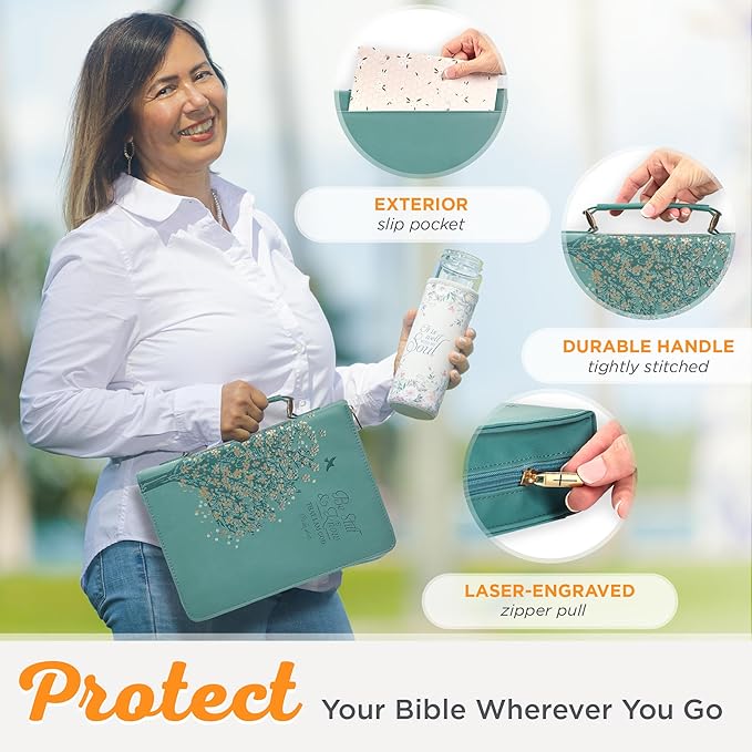 Christian Art Gifts Fashion Vegan Leather Bible Cover for Women: Be Still & Know Inspirational Bible Verse, Teal Floral, Medium