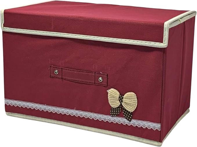 Storage Boxes Set of 3, Foldable Red Utility Bins with Lids and Handles, Collapsible Fabric Storage Baskets for Shelves, Closets, Toys, Crafts, Office Supplies, Dorms, Bedrooms, 14.25"W x 9.25"H