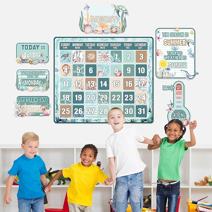 Cholemy 85 Pcs Calendar Bulletin Board Set Classroom Calendar Bulletin Board with Numbers Month Weather Classroom Decoration Wall Decor for Chalkboard Back to School Supplies (Watercolor Ocean)