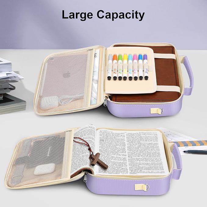 FINPAC Large Bible Cover w/Shoulder Strap, Carrying Book Case Church Bag Bible Protective w/Pen Slots and Zippered Pocket, Gift for Women Lady, Letter Purple