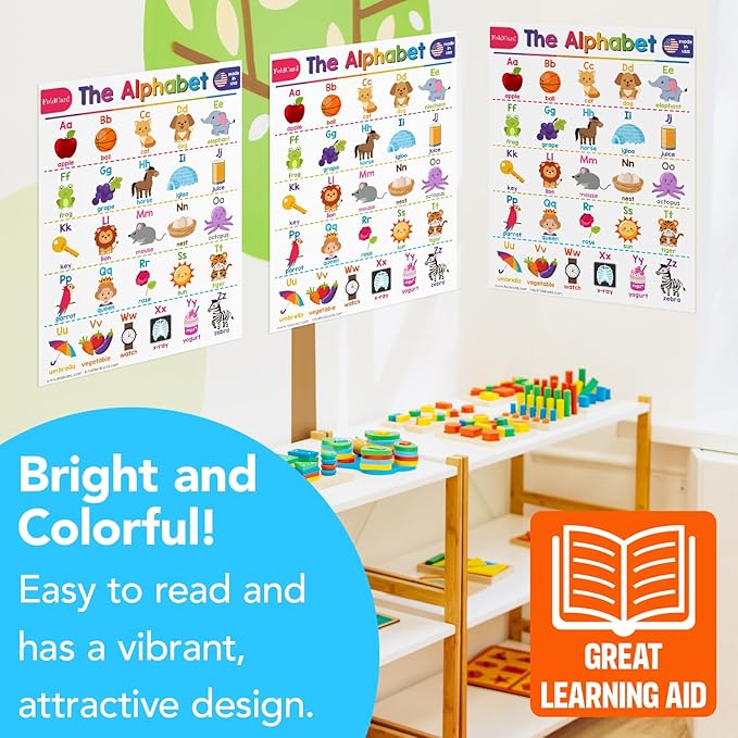 Alphabet Chart for Preschool to Grade 1 Kids – Bright and Colorful Educational Visual/Learning Aid Poster Decoration for Classroom or Home | Glossy Durable Cardstock | 8.5" x 11" | 5 per Pack